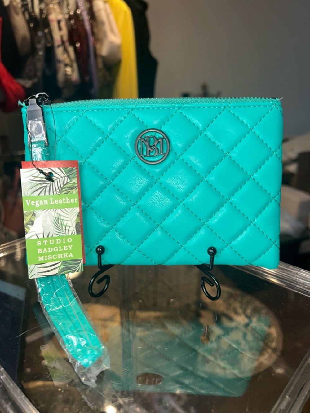 Studio Badgley Mischka Quilted Teal Vegan Leather Wristlet 4.5”x 7.25” NWT